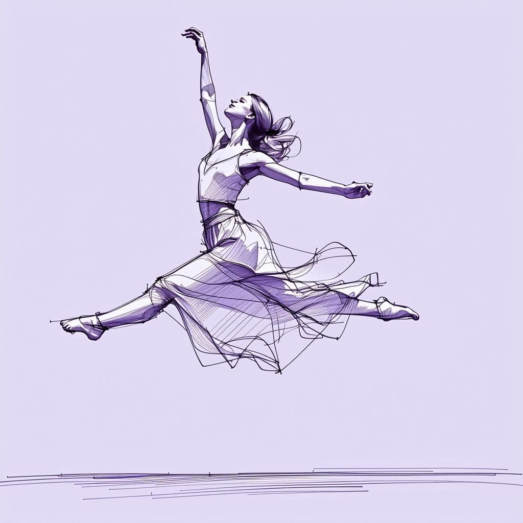 AI generated: minimalist line art drawing of a dancer leaping joyfully, sketched in continuous black lines against...