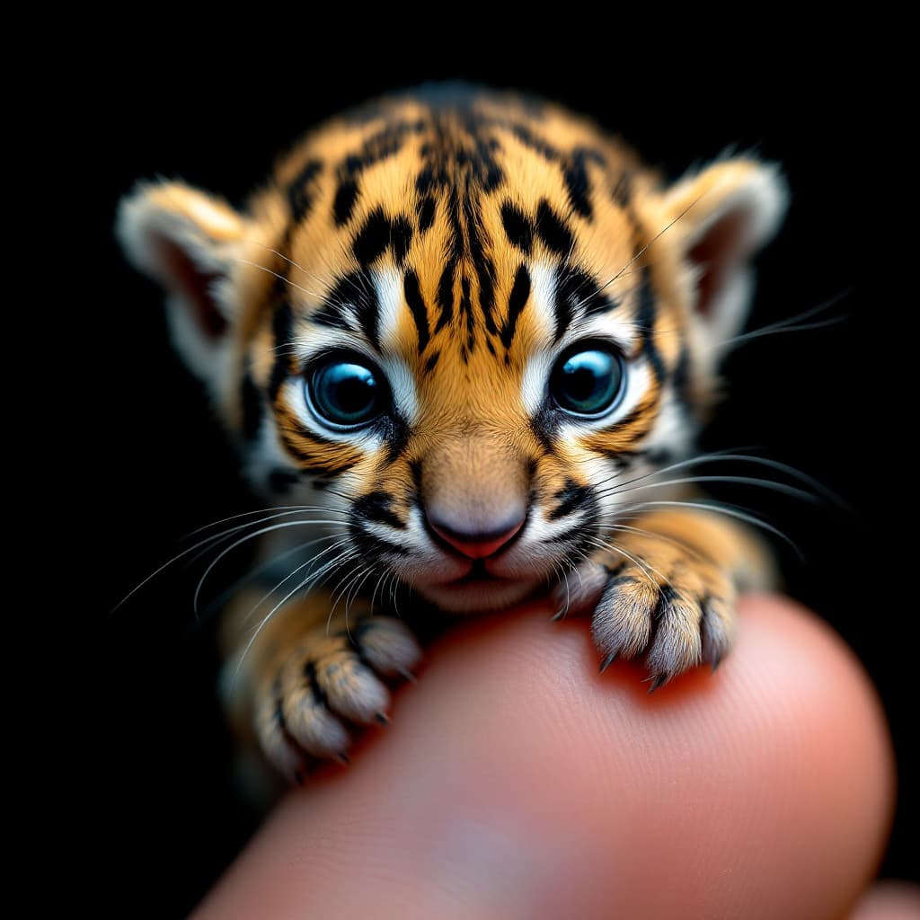 AI generated: Photorealistic macro shot of a miniature newborn jaguar perched on a human thumb. The extreme close-...