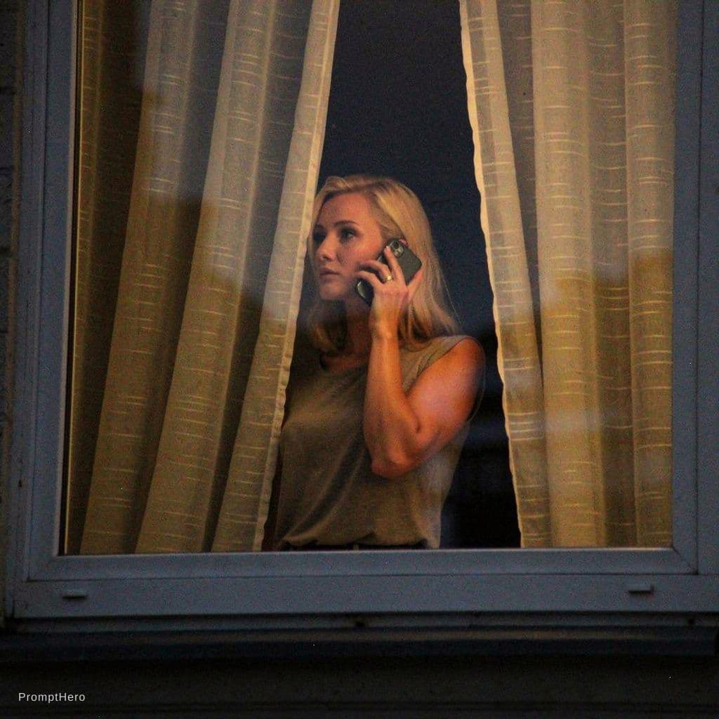 AI generated: photograph of a fair-skinned, blonde woman standing in front of a window, seen from outside, a parti...