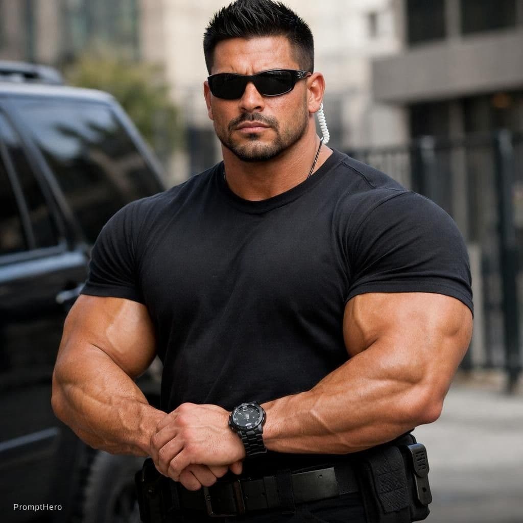 AI generated: black hair Latino bodybuilder bodyguard