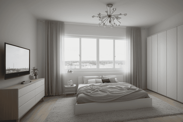 AI generated: interior design, modern bedroom, bedroom, modern, nordic style,window, wide angle, wideangle, photo,...