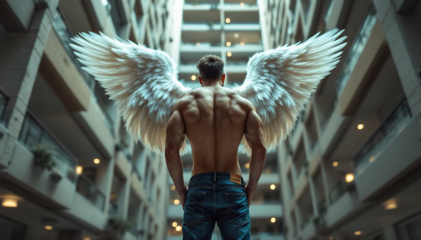 AI generated: a guy with a strong body in jeans, stands on the balcony of a multi-story building, behind his back ...