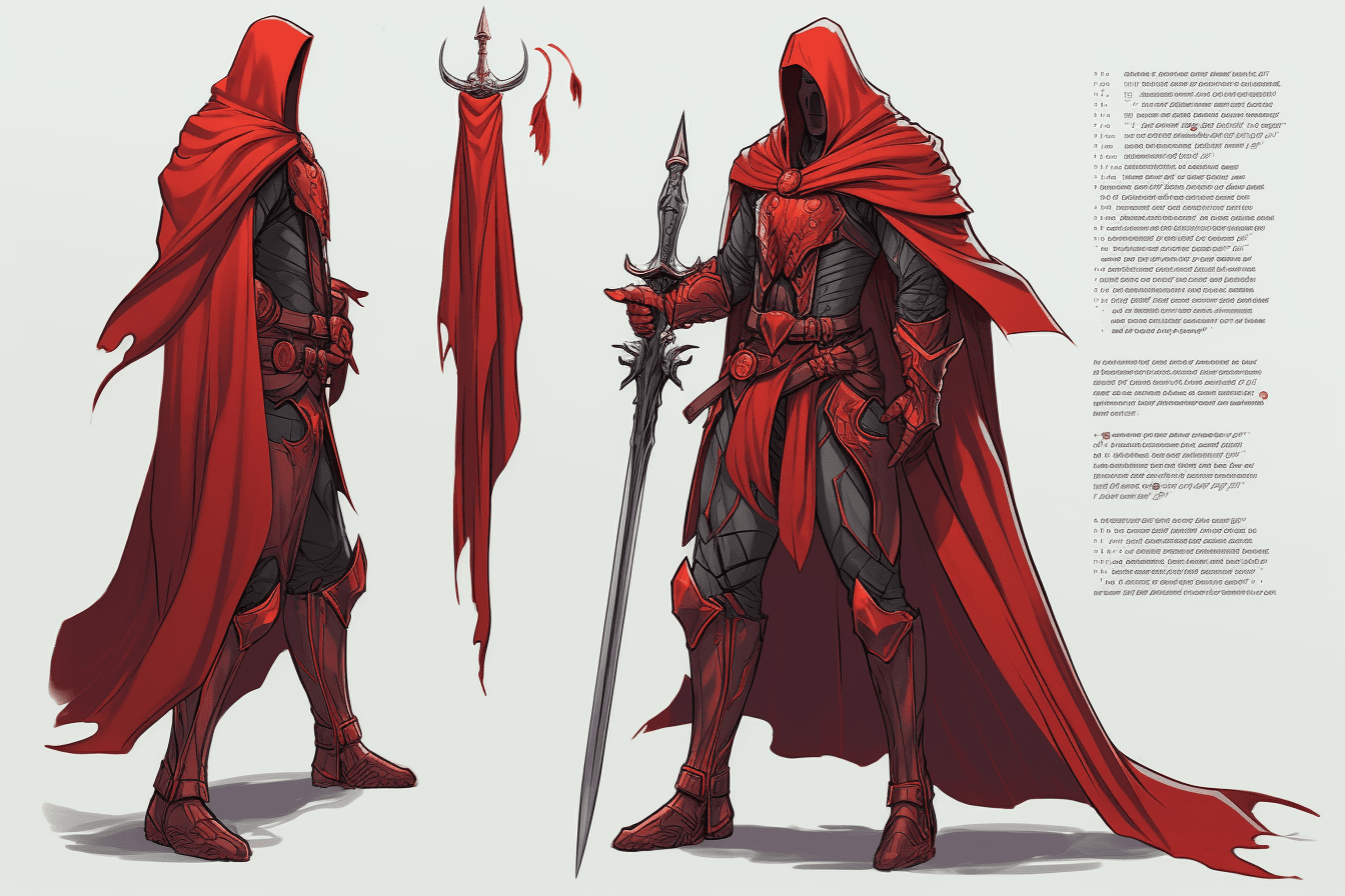 AI generated: comic book drawing a set of a full-body drawing of a knight holding a long-sword a red cloak with wr...