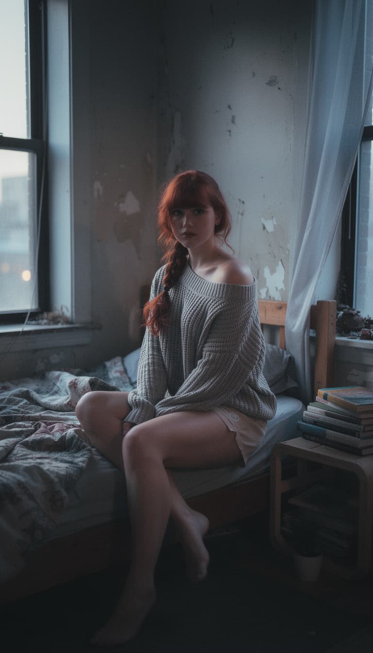 AI generated: Candid documentary scene of a young female perched on the edge of her bed in a narrow city apartment...