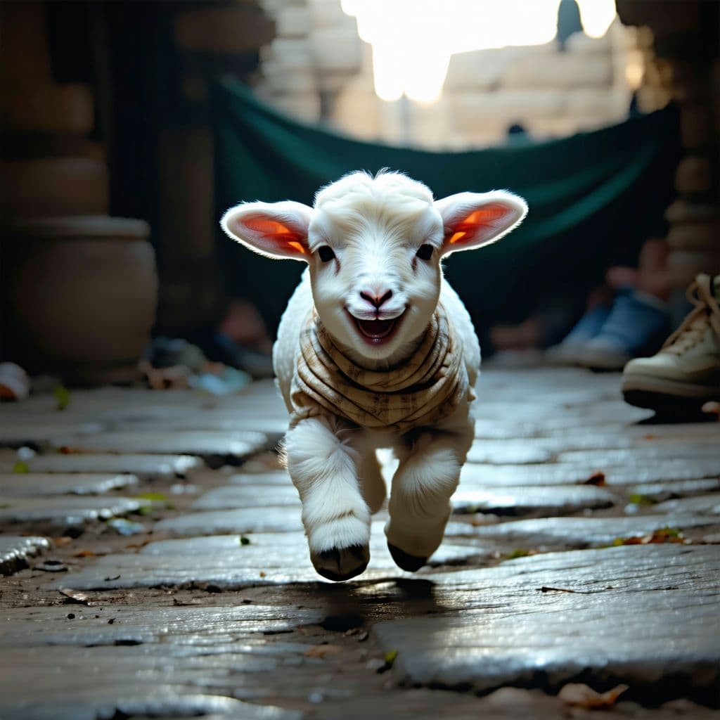 AI generated: a baby lamb running and laughing, streets of jerusalem, dark lights, cinematic, hyper realistic, det...
