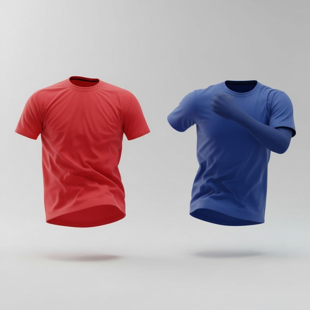 AI generated: “Create a realistic 3D mock-up of two athletic-fit T-shirts — one red and one blue — in dynamic acti...