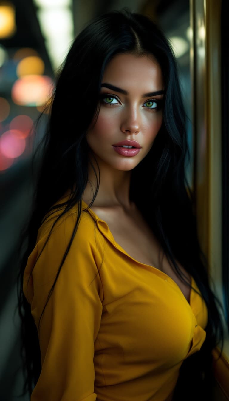 AI generated: A captivating woman with long black hair and striking green eyes, wearing a fitted yellow shirt that...