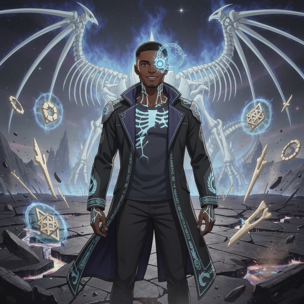 AI generated: An African American male, average height and build, standing calmly amid a fractured cosmic battlefi...