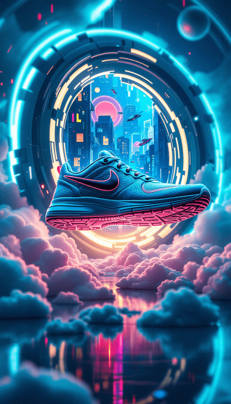 AI generated: Nike sneaker opening like a portal, futuristic cyberpunk city inside, neon lights, floating hovercar...
