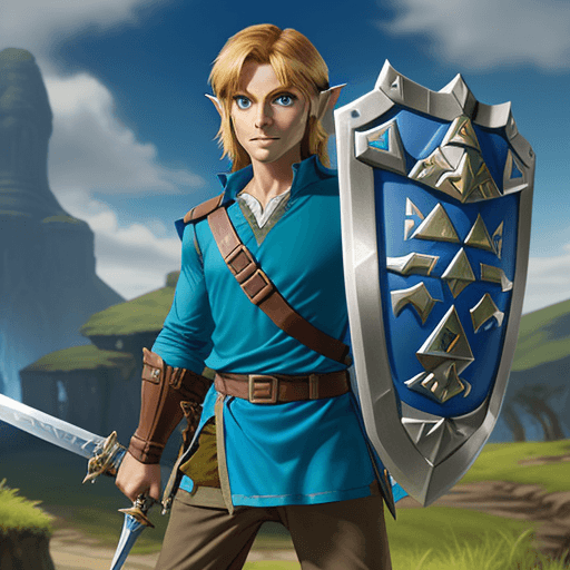 AI generated: link from the game Zelda, wearing a blue tunic, brown pants, with a tall sword, bow, shield, standin...