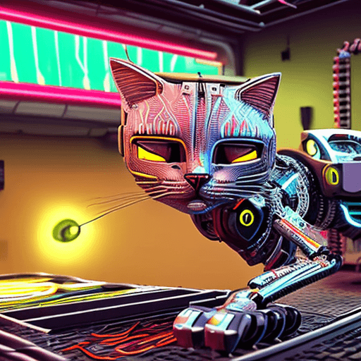 AI generated: (Robotic cat takeover:1.3), (enslaving humanity. Sci-Fi, -- HD 8K  cyberpunk, exotic, ruthless. atmo...