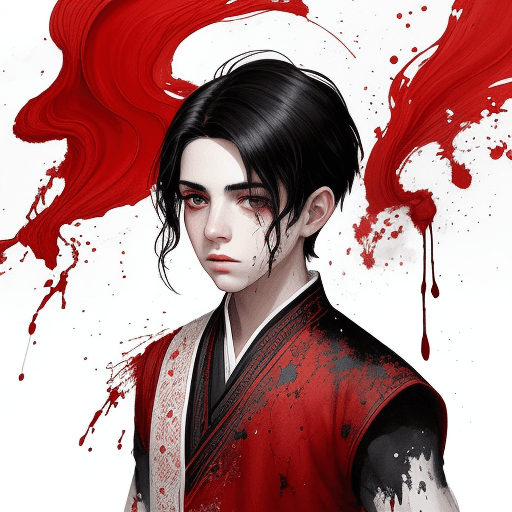 AI generated: a painting of a boy in red with black hair, in the style of delicate ink washes, epic fantasy scenes...