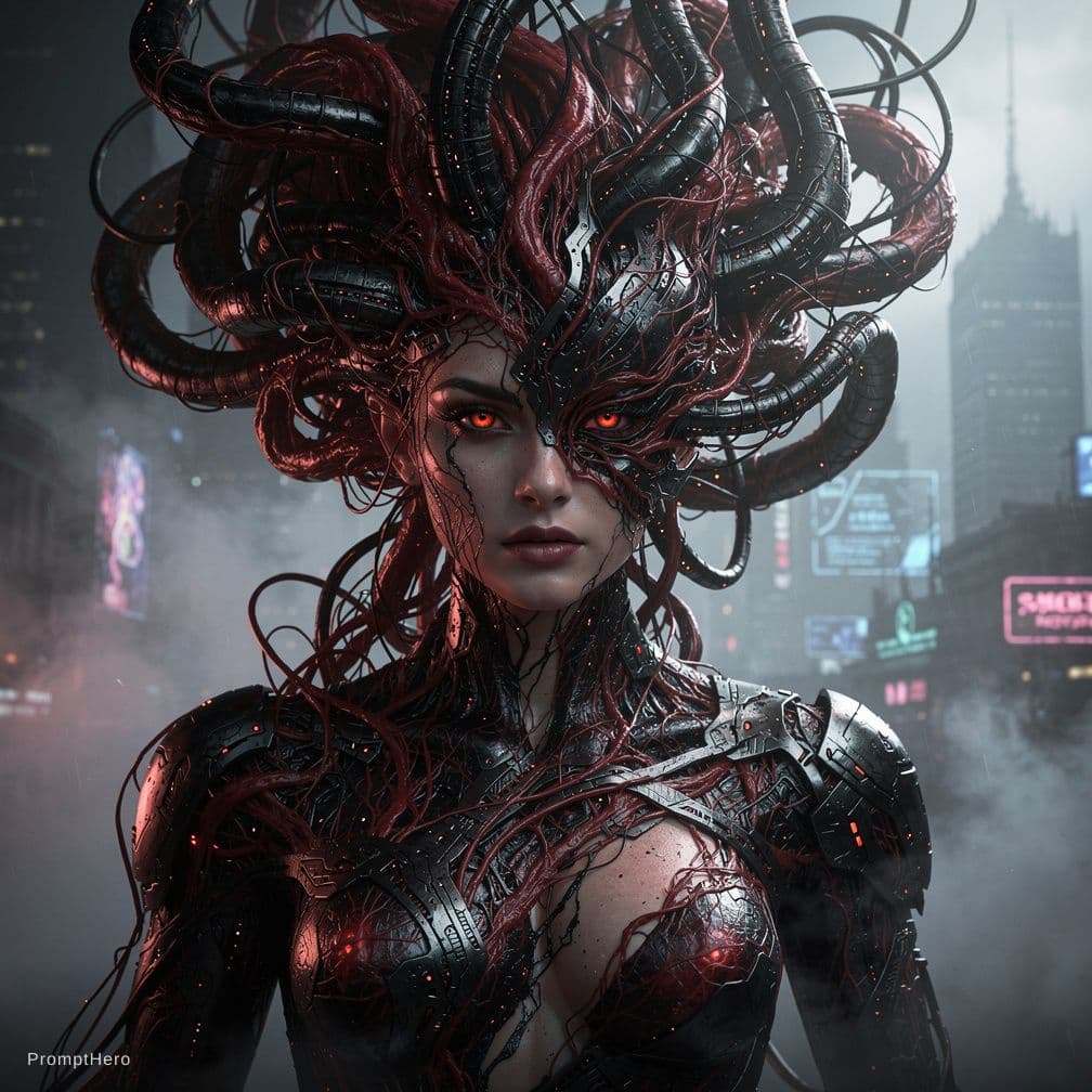 AI generated: elanai A nude woman with semi-organic, semi-mechanical tendrils erupting from her head, blending glo...