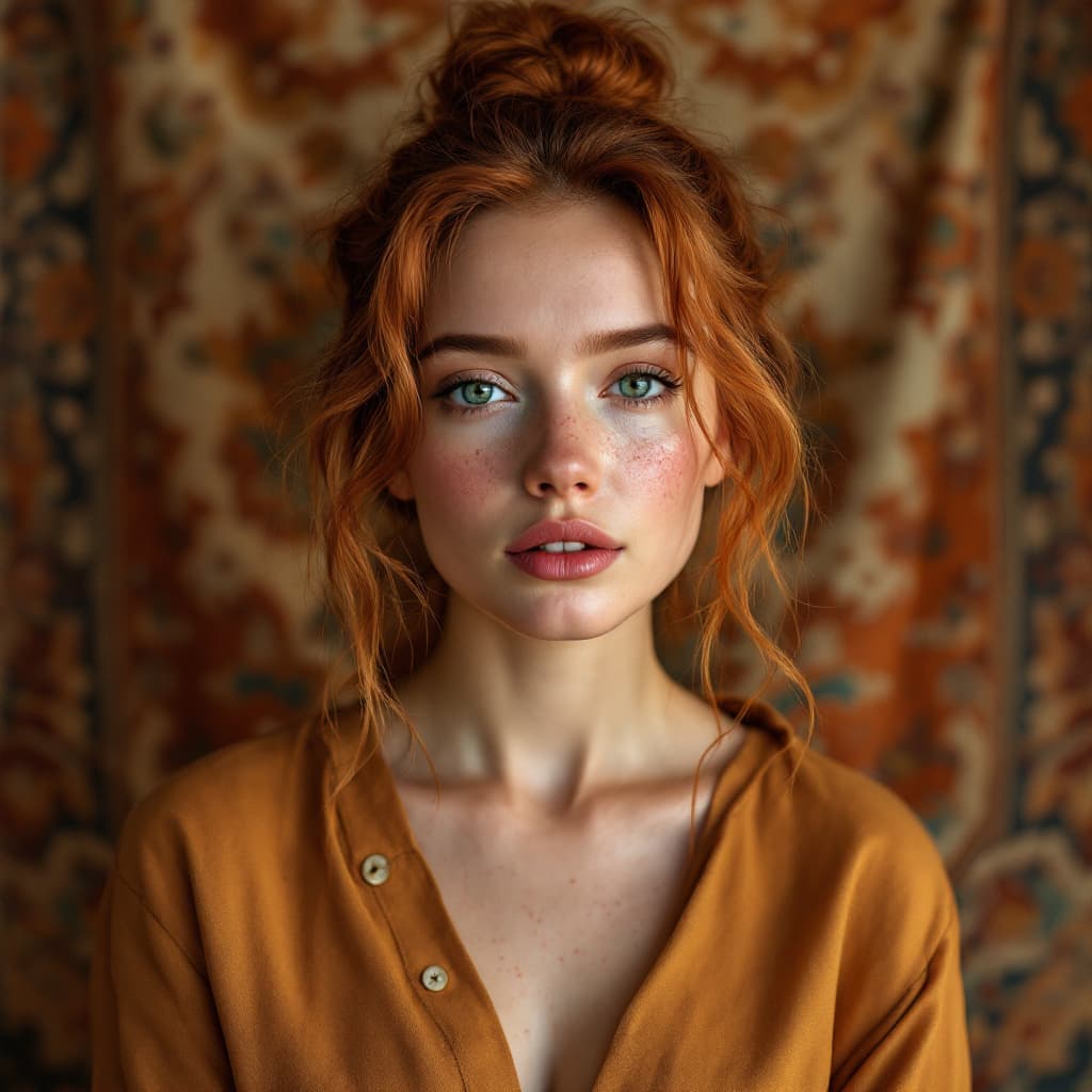 AI generated: “Three-quarter view of a woman with copper red hair tied up in a loose bun, freckles and light green...
