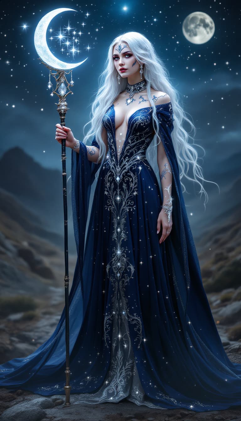 AI generated: An ultra-realistic, full-body portrait of a mesmerizing lunar enchantress woman, exuding a haunting ...