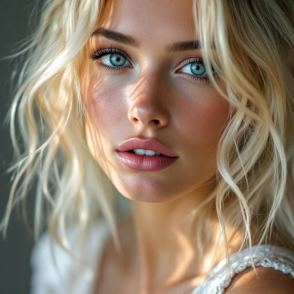 AI generated: a blonde woman with blue eyes, in the style of natural, timeless beauty, 32k uhd, blink-and-you-miss...