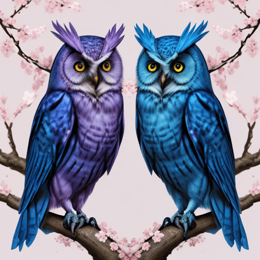 AI generated: High resolution An illustration of a  blue owl and purple cardinal with bright blue eyes in the styl...