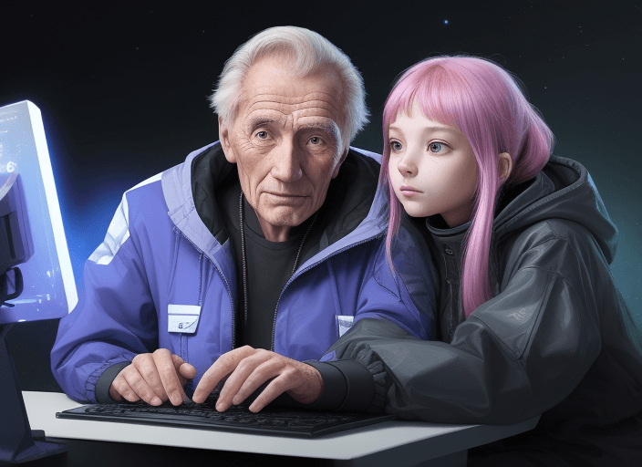AI generated: Image of a cyber space older man and younger woman love