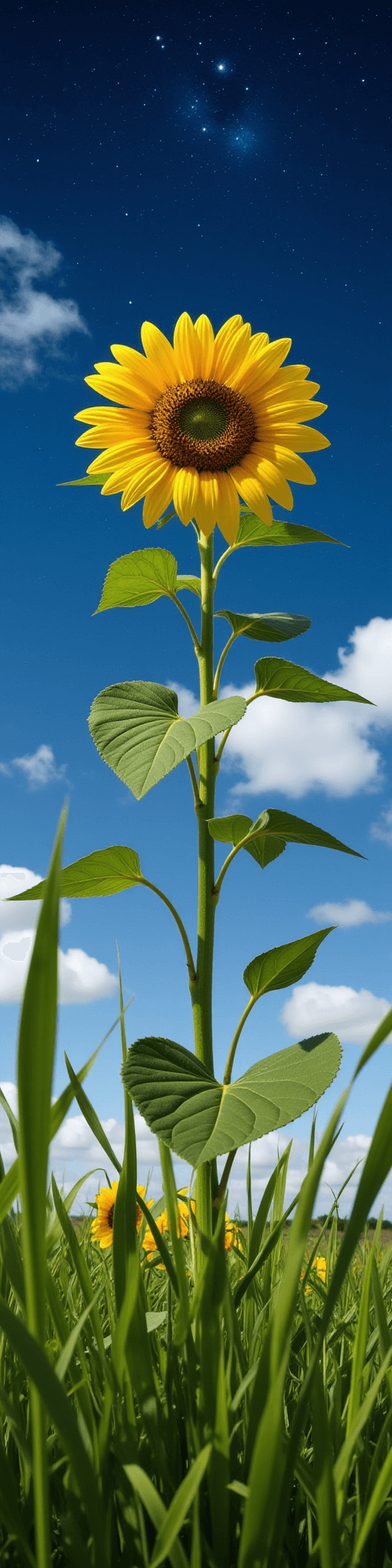 AI generated: a very tall (3 meter) sunflower, trying to reach the stars, macro vertical panoram, shot from the gr...