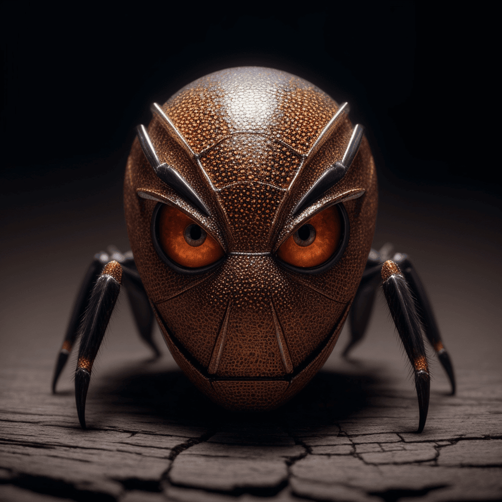AI generated: haunting creature that looks like a spider, full body, reddish eyes, open wooden chest full of emera...