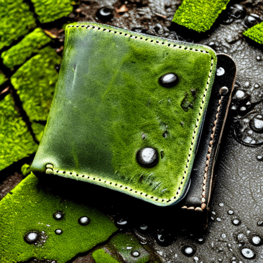 AI generated: The pockets of an abandoned wet leather wallet on a mossy pavement. Style: goth