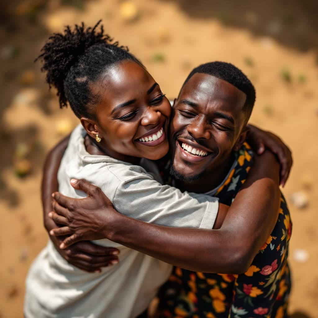 AI generated: As a photographer, take a birds-eye view shot of An african mother hugging her African son who has b...