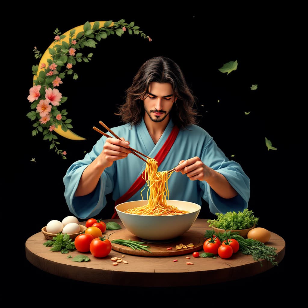 AI generated: A young male chef with long hair is seated at a round wooden table, wearing a light blue robe with a...