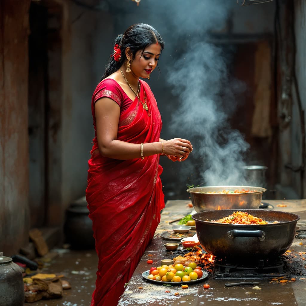 AI generated: Transparent Red wet saree Desi Indian woman, without blouse, tight, cooking food by standing near ga...