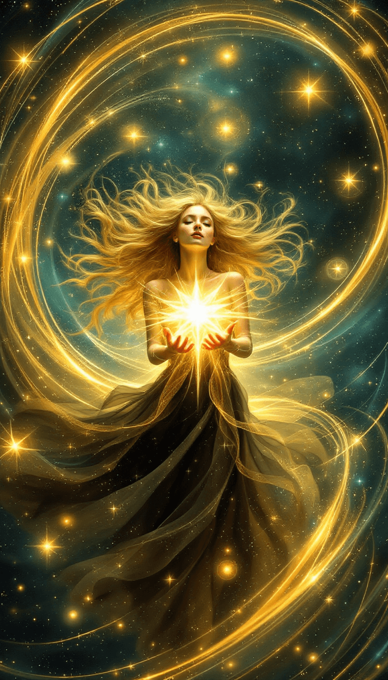 AI generated: "A celestial, fantasy-themed artwork depicting a glowing, ethereal woman floating gracefully in the ...