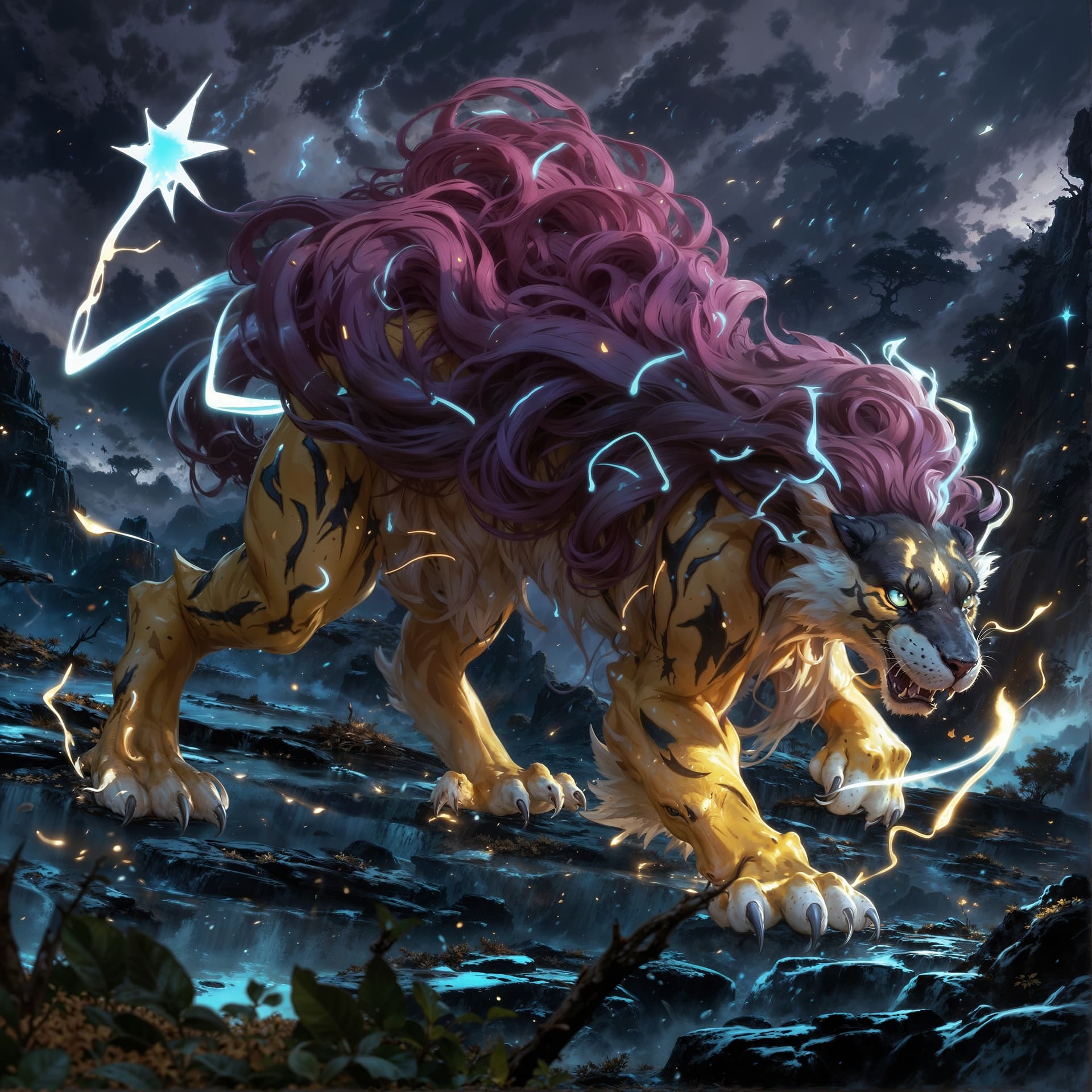AI generated: A full wide view of the mythical Pokémon "Raikou" filled with bioluminescent lit lightning, purple m...