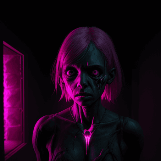 AI generated: A mutant hostile girl emerging from a dark room, pink neckle, painful,  volumetric lighting, real li...