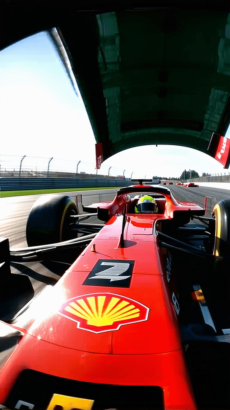 AI generated: POV,Ferrari F1 driver reaching cam,time-lapse photography,8K.
