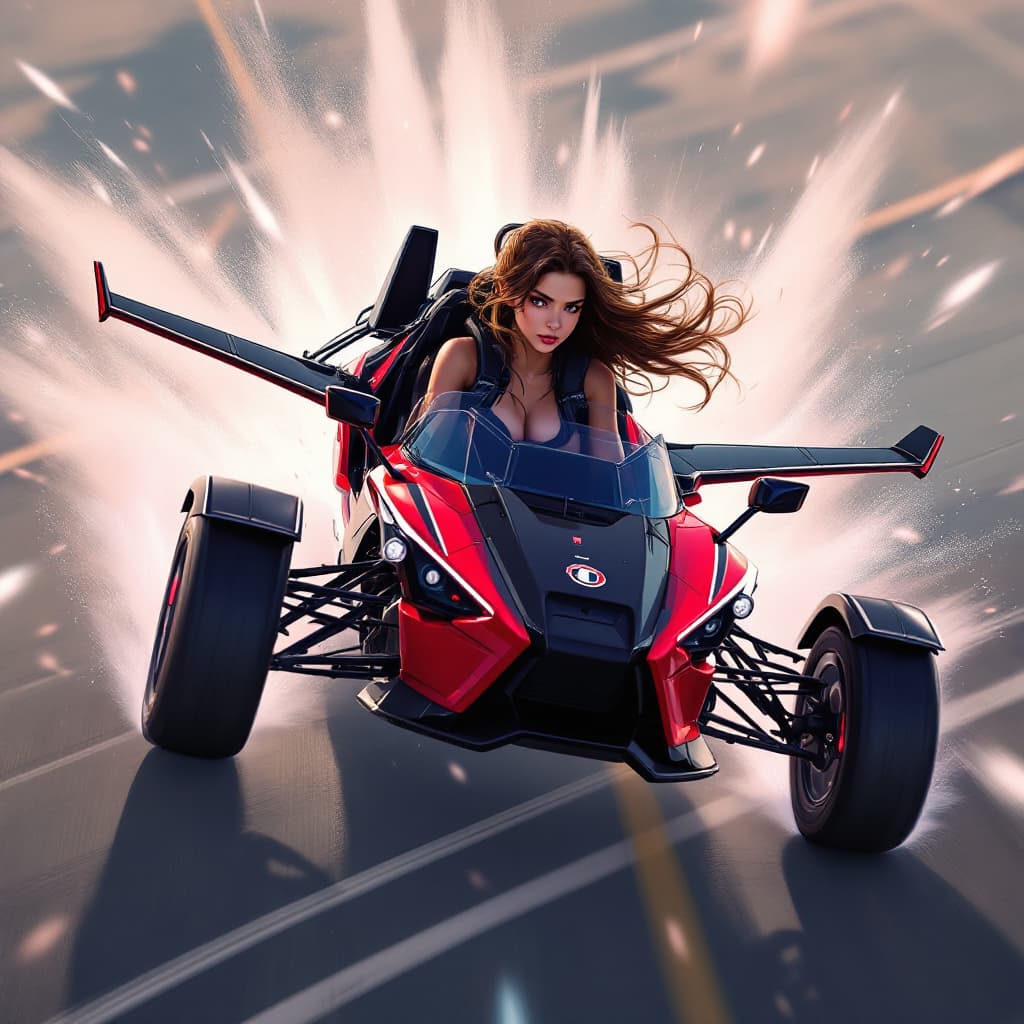 AI generated: YOUNG LATINA WITH LONG BROWN HAIR, FLYING IN A BLACK AND RED THREE-WHEELED SLINGSHOT. THE SLINGSHOT ...