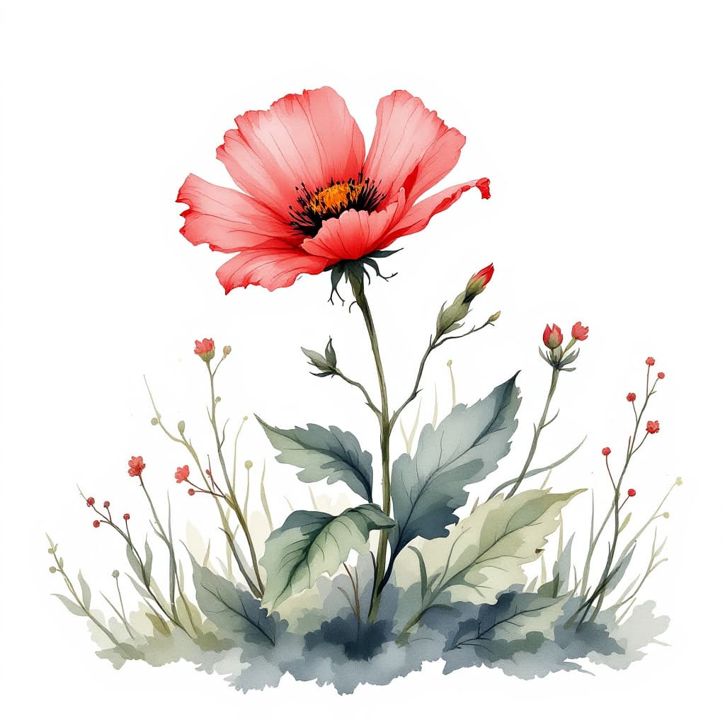 AI generated: illustration. Single red wild flower on a white background, simple, watercolour, hand drawing, --ar ...