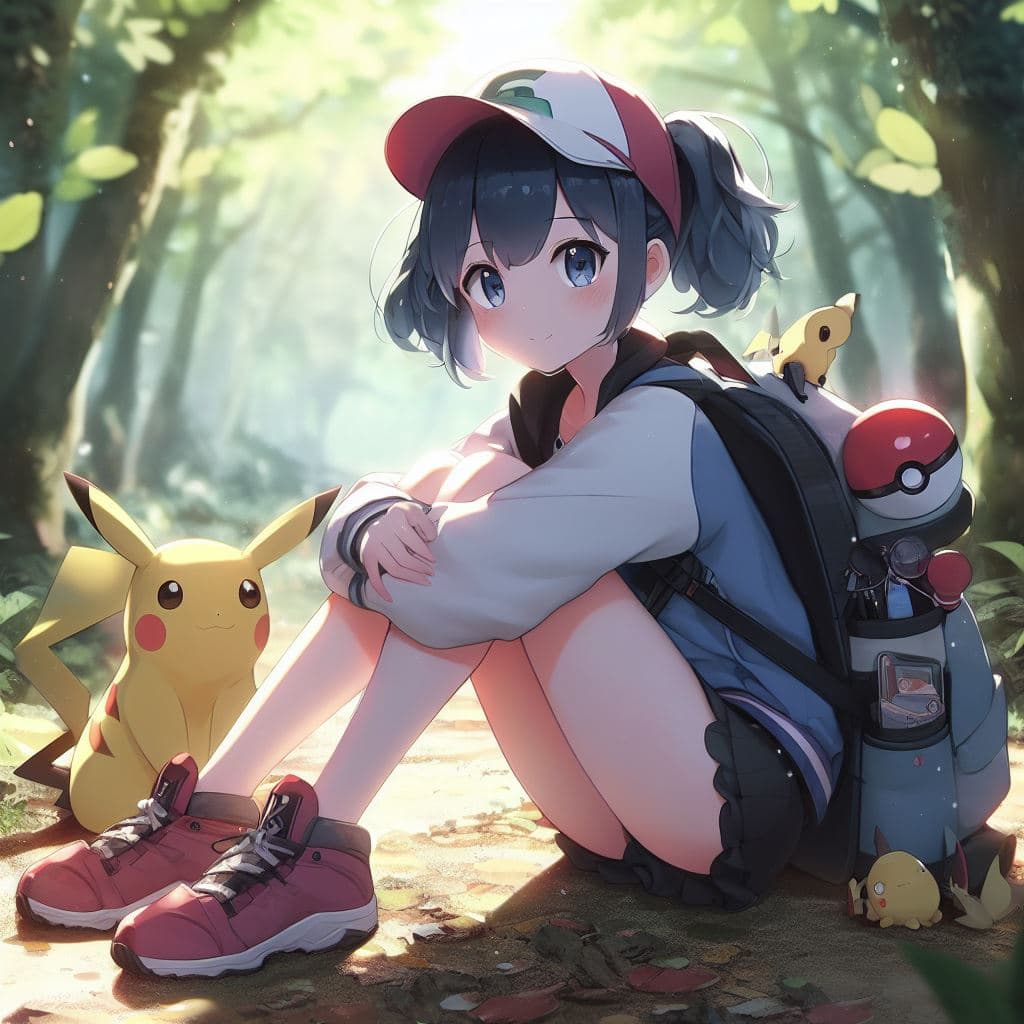 AI generated: anime girl sitting on the ground in the woods with a backpack, misty from pokemon, anime lush john 8...
