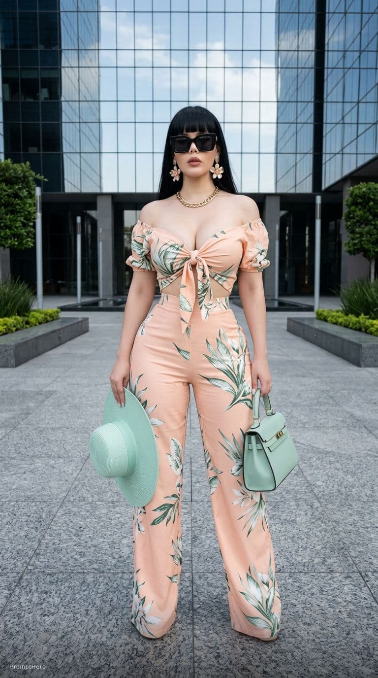 AI generated: Create an ultra-realistic high-fashion full-body portrait of a woman standing outdoors in front of a...