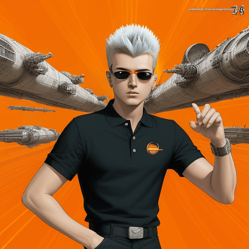 AI generated: A young man with spiky hairstyle in a polo shirt, wear a sunglasses inside a large spaceship, in the...