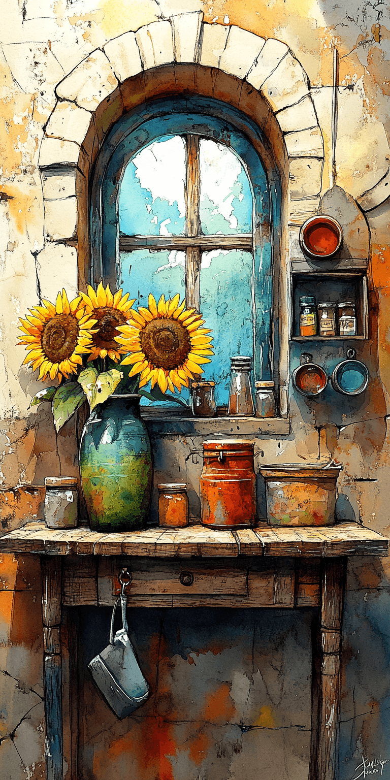 AI generated: watercolor painting, sunflowers in a vase on a country table, deep brushstrokes, warm lighting --cha...