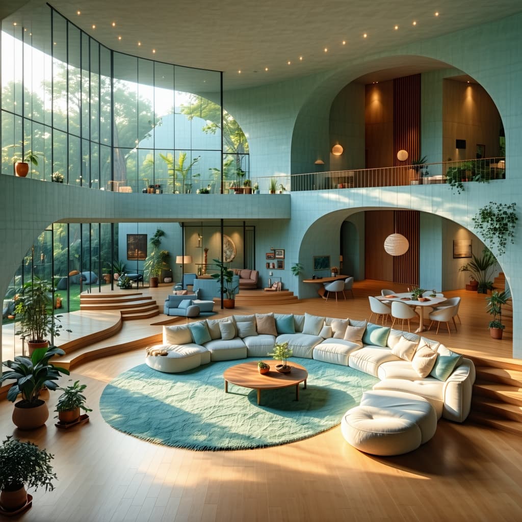 AI generated: High resolution photography interior design, dreamy sunken living room conversation pit, wooden floo...