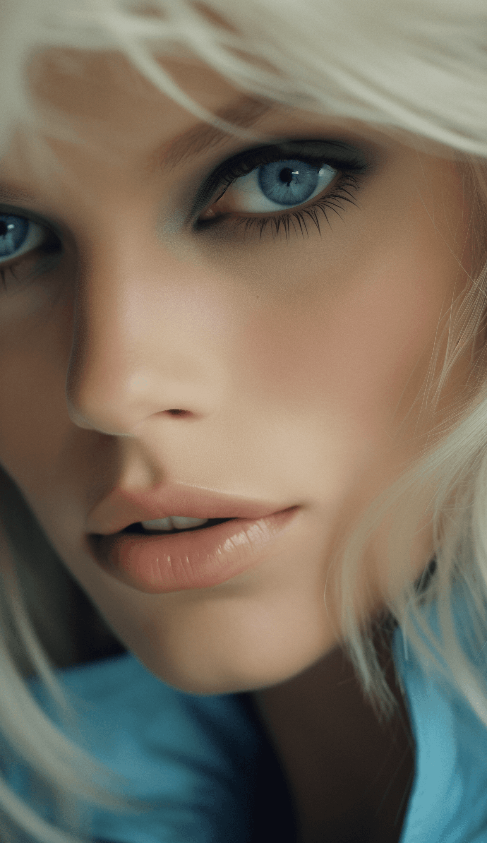 AI generated: Close up of a blonde woman's face with blue makeup, the style of a screenshot on film footage, close...