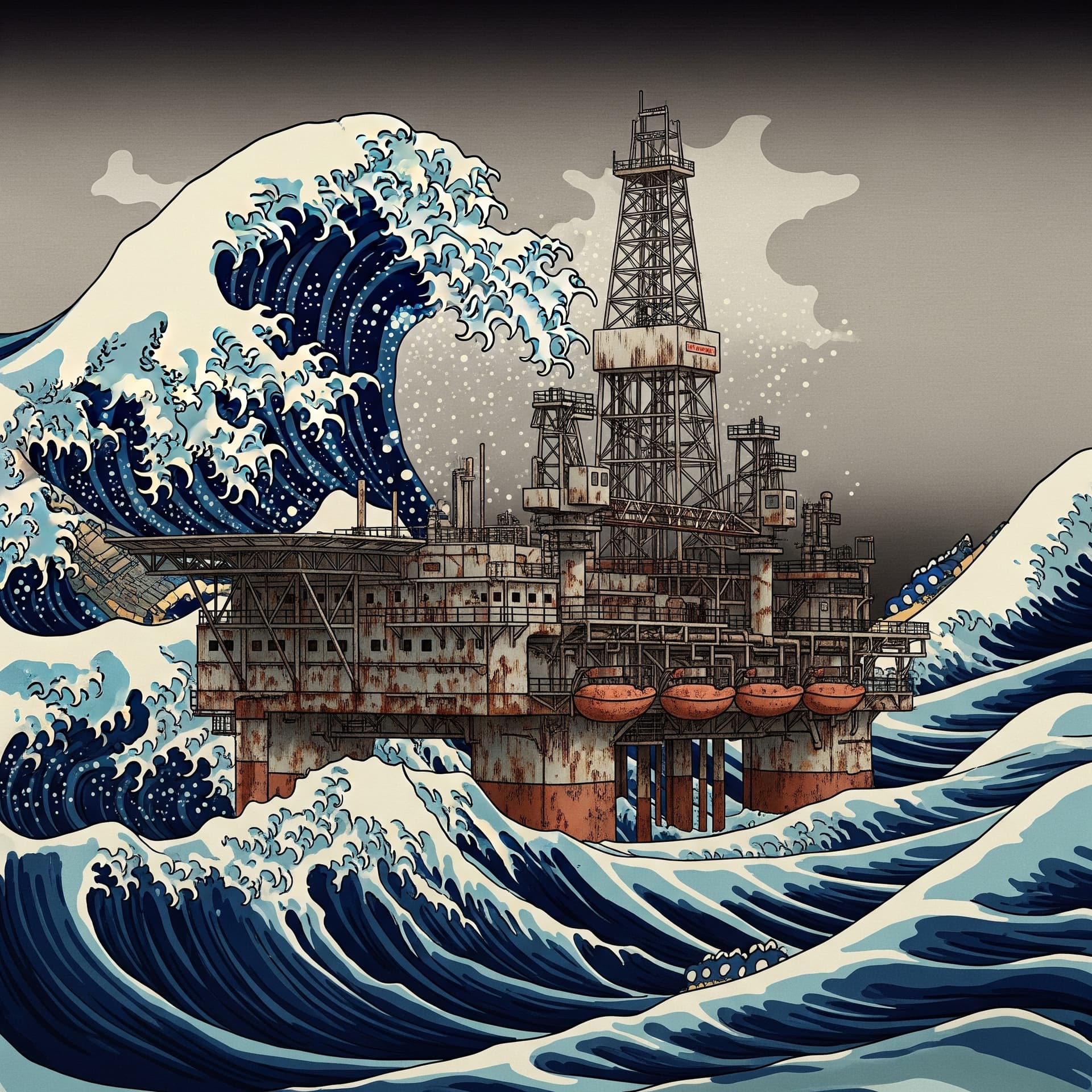 AI generated:  hyper-detailed, realistic depiction of an old, weathered oil rig with rust and technical complexiti...