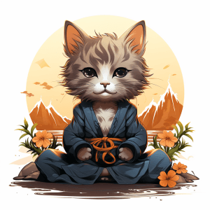 AI generated: T-shirt design logo, cute small cat Naruto doing yoga on the beach, Prokaryotic, colorful style, no ...