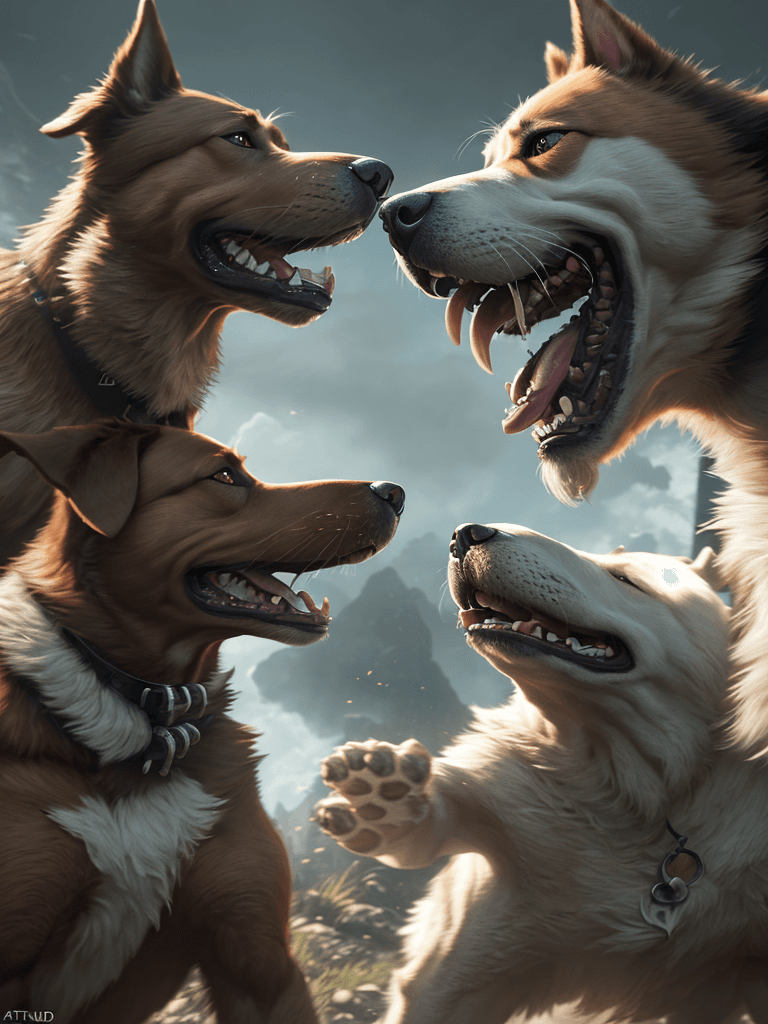 AI generated: Photo of a ultra realistic fight between two dogs, dramatic light, cinematic lighting, battered, low...