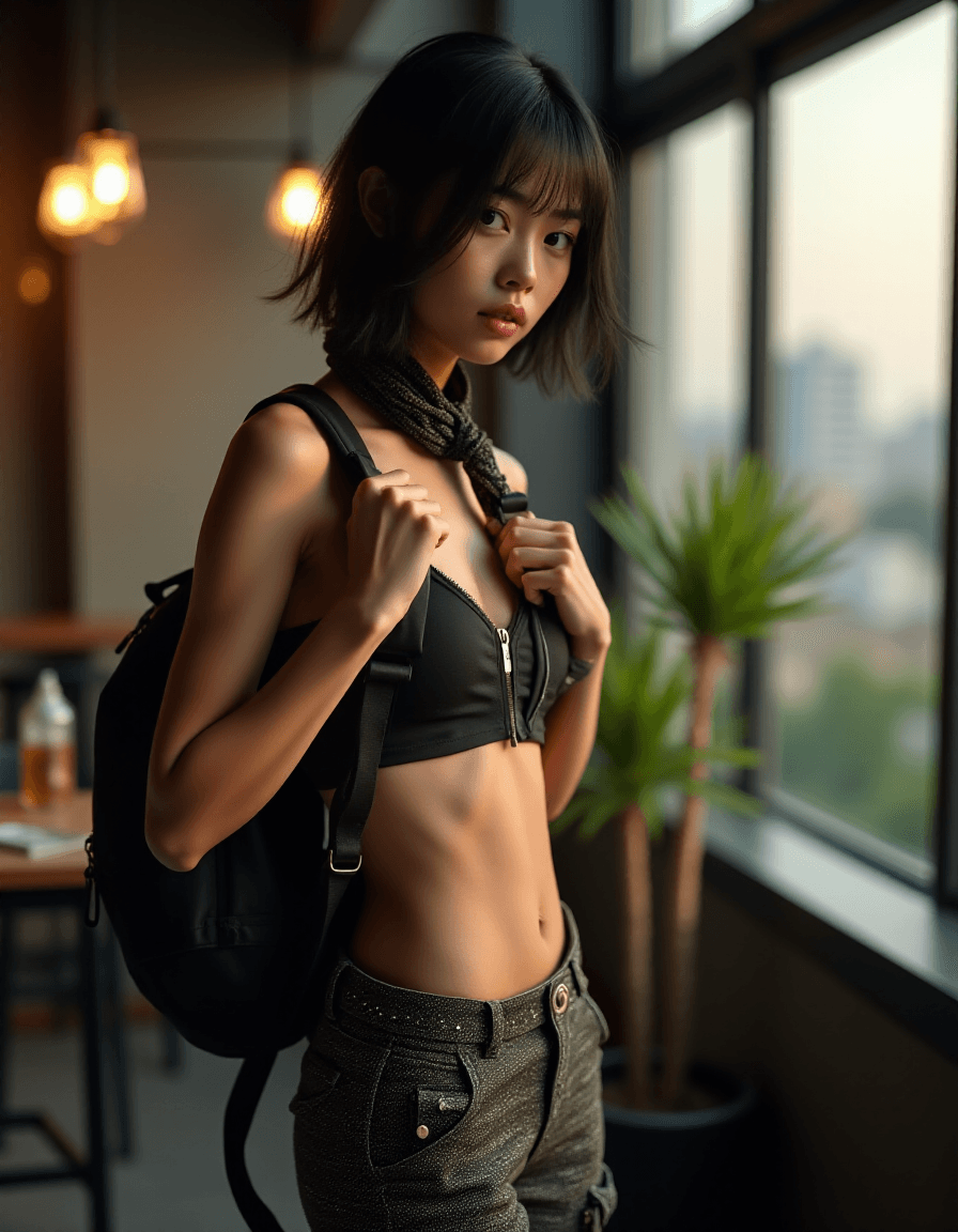 AI generated: High fashion photo medium shot of a young asian female supermodel, slim, small breast, flat chest, t...