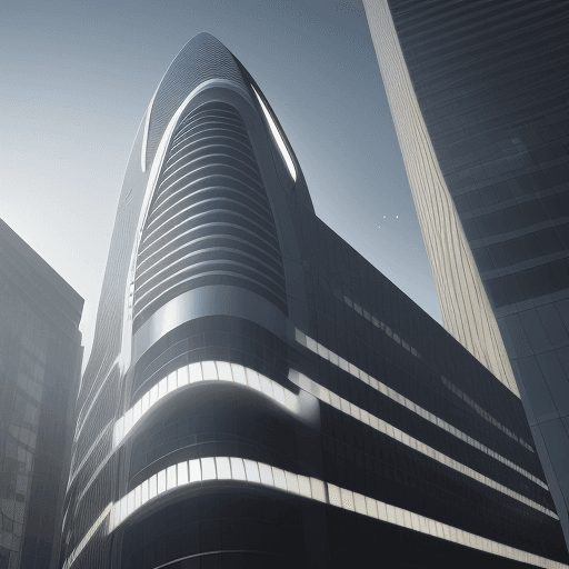 AI generated: photorealistic, canon EOS 5d, minimalistic medium scale office building 6 floors, curved, geometric ...