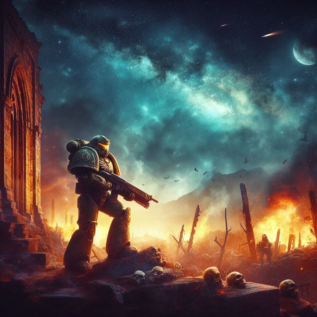 AI generated: space marine with weapon against aliens,epic,on an alien planet,beautiful sky with stars,starry nebu...