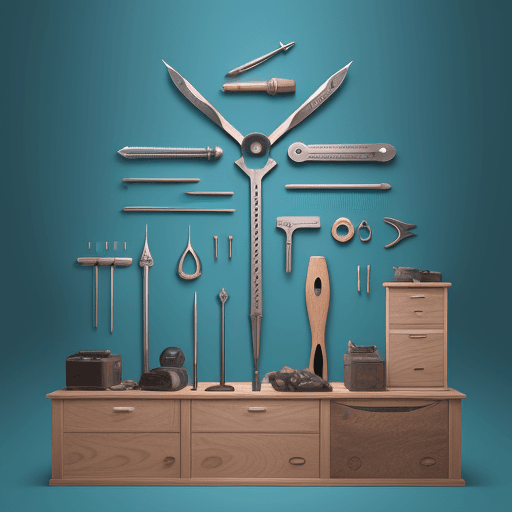 AI generated: Hyper realistic tool display, background has a wing shadow, aqua blue background. On the left there’...