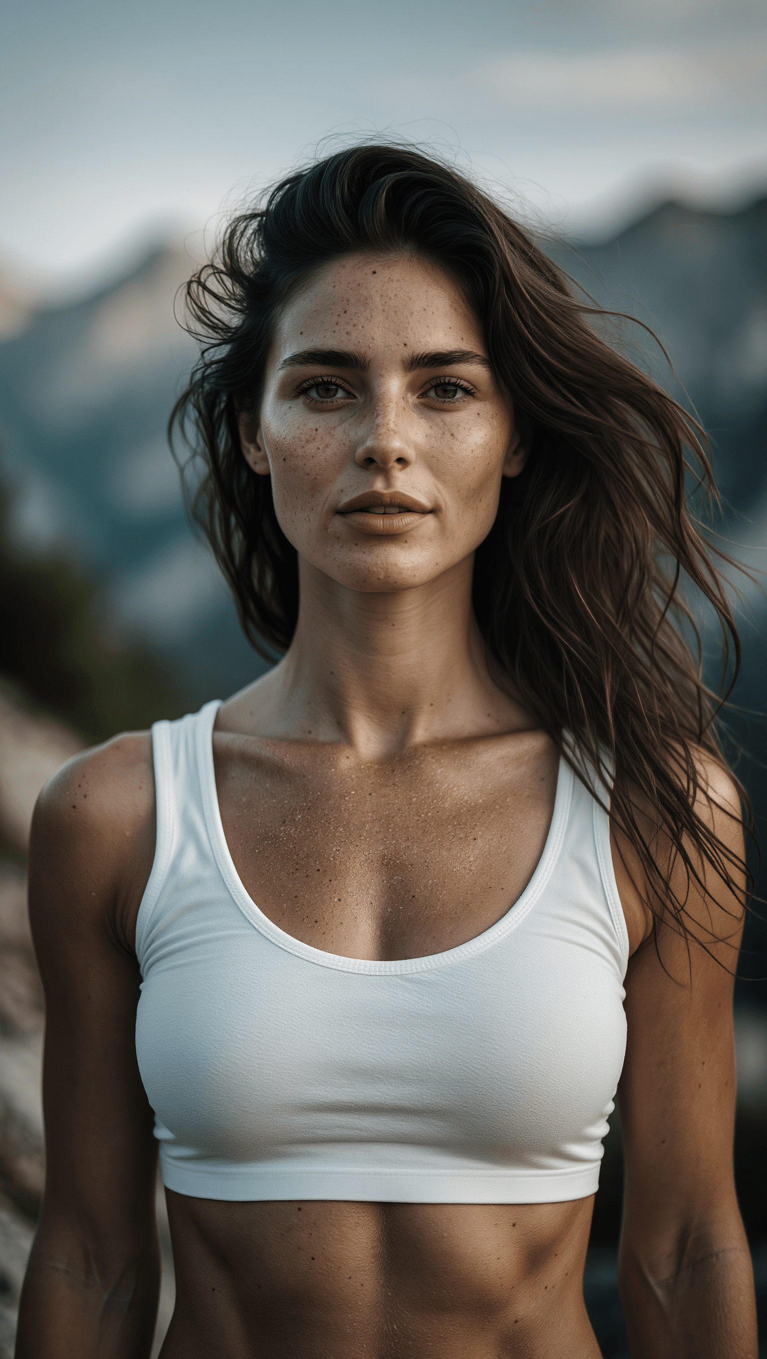 AI generated: Ultra-realistic photography of a beautiful athletic 20 year old woman with tousled long dark hair, h...
