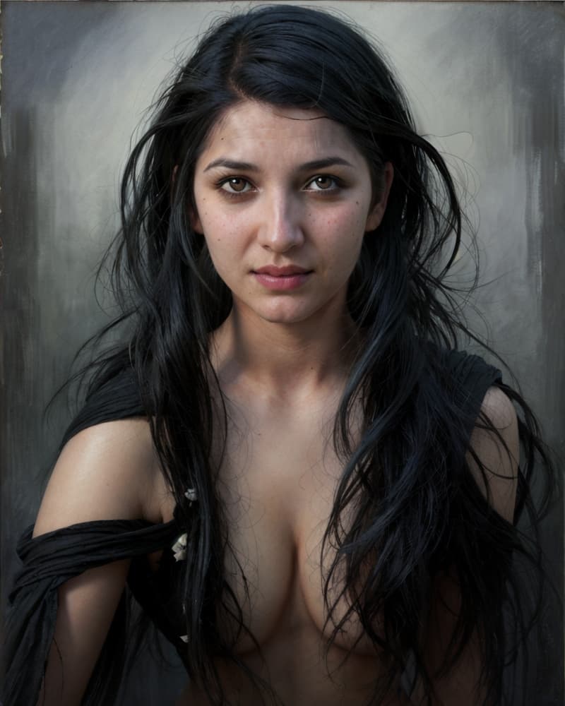 AI generated: beautiful woman portrait. Flowing black hair. art by Ross Tran, Antonio J. Manzanedo, Tom Bagshaw, m...