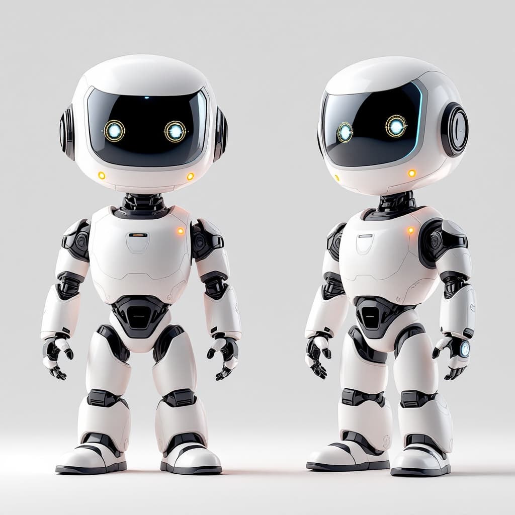 AI generated: A single image showing 4 different views of a medium-sized cartoon-style robot mascot, each placed s...